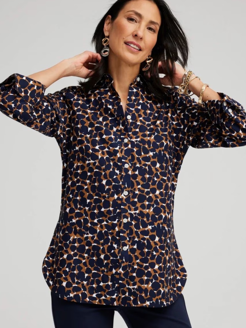 Chico's Black & Brown Mosaic Print Button-Down No Iron Shirt, 3/4 Sleeves, Sz 2